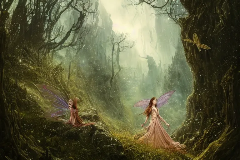 Prompt: detailed intricate digital illustration by greg rutkowski and david friedrich and ruan jia and fenghua zhong and steven belledi ; portrait of fairy girl standing in gothic fantasy valley and forest faerie fey unseelie in background ; 1 3 mm film, arri alfa anamorphic lens ; sharp focus, eventide, fireflies ; trending on artstation 8 k