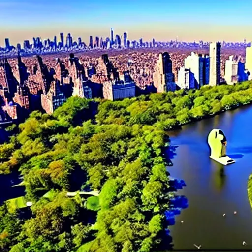 Prompt: sphinx head in central park new york dji drone footage flat light high s - log