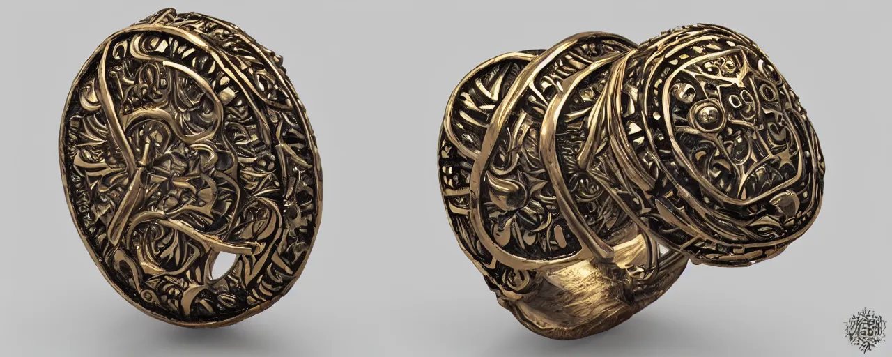 Prompt: simple ring with a shield ornament, ring, wood, gold, smooth shank, crystals, engravings, product design, jewelry, art by gerald brom, greg rutkowski and artgerm and james jean and zdzisław beksinski, 8 k, unreal engine, c 4 d