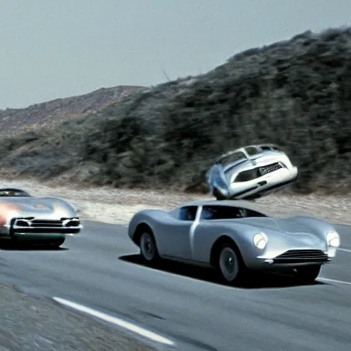 Prompt: car chased by a flying car, movie still of James bond, highly detailed