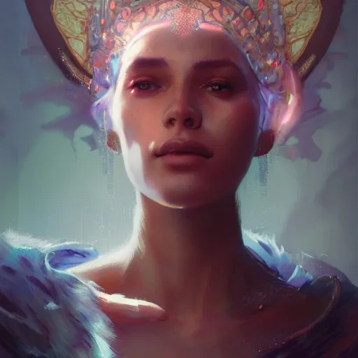 Prompt: a beautiful portrait of a goddess with iridescent skin by greg rutkowski and raymond swanland, trending on artstation