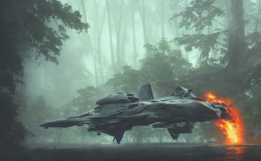 Prompt: a fighter design spaceship on fire crashed in a swamp forest, on the ground, smoke, smoke, cloudy air. Atmospheric lighting, overgrowth. By Makoto Shinkai, Stanley Artgerm Lau, WLOP, Rossdraws, James Jean, Andrei Riabovitchev, Marc Simonetti, krenz cushart, Sakimichan, trending on ArtStation, digital art.