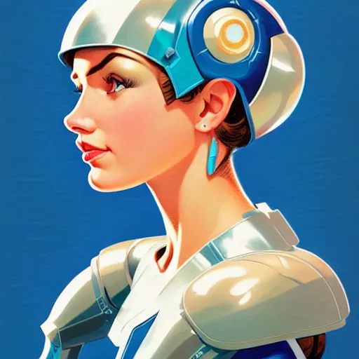 Image similar to head and shoulders portrait of a female Megaman, illustration, medium shot, intricate, elegant, highly detailed, digital art, ffffound, art by gil elvgren and JC Leyendecker and sachin teng