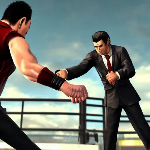 Image similar to Kazuma Kiryu from Yakuza and Senator Armstrong from Metal Gear Rising fights each other with their fists, highly detailed, photorealistic, cinematic lighting,