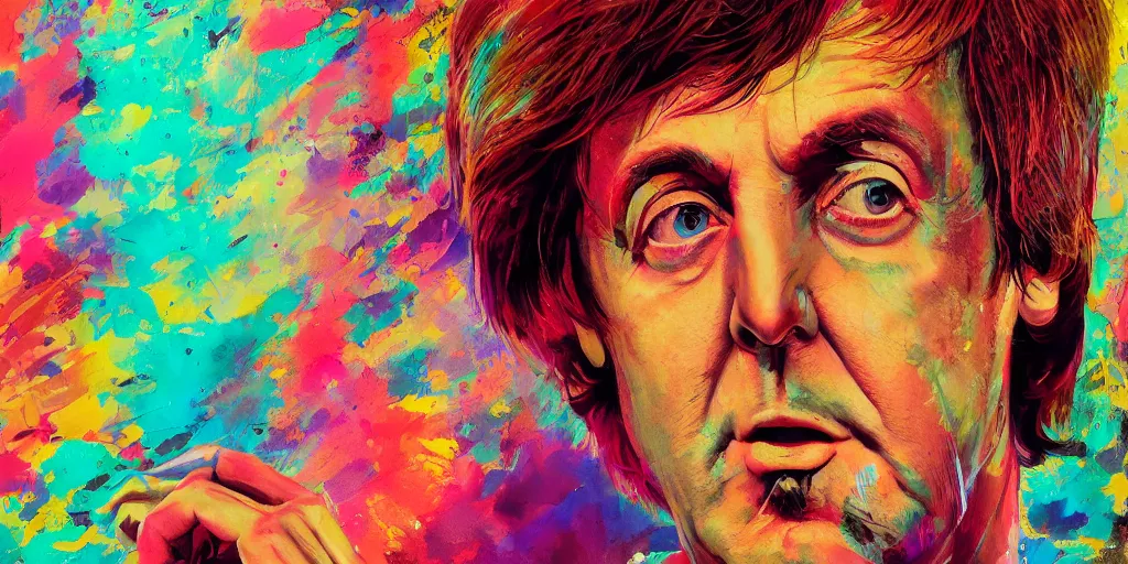 Image similar to paul mccartney 1 9 7 6, colorful, series of dreams, contrast, kim jung gi, greg rutkowski, zabrocki, karlkka, jayison devadas, trending on artstation, 8 k, ultra wide angle, zenith view, pincushion lens effect