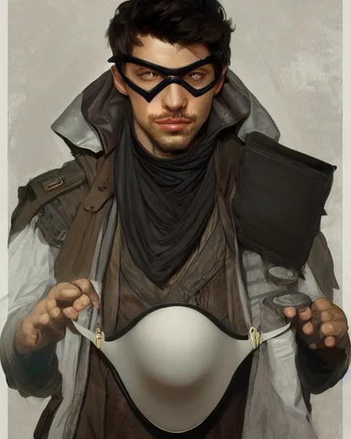 Image similar to portrait of a clever male thief with an eye mask, highly detailed, digital painting, artstation, concept art, sharp focus, illustration, art by artgerm and greg rutkowski and alphonse mucha