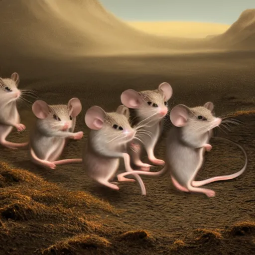 Prompt: a beautiful painting of a group of mice running on the iceland,realistic 8k render