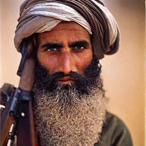 Prompt: medium format photograph of bedouin man with rifle, beard, close up, ektachrome, hasselblad film shallow focus portrait, soft light photographed on expired color film, annie liebovitz,