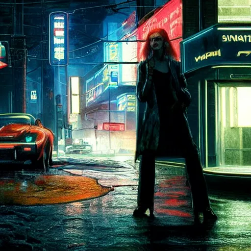 Prompt: Elle Fanning stalking her prey at night in Cyberpunk 2077 in the world of Edward Hopper, stormy snowy weather, streetlights, extremely detailed masterpiece, oil on canvas, low-key neon lighting, artstation, Blade Runner 2049, Roger Deakin’s cinematography, by J. C. Leyendecker and Peter Paul Rubens,