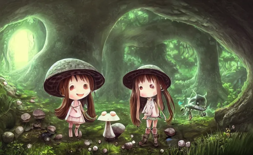 Image similar to cute little girl with an long black hair wearing an mushroom hat in the dark forest next to a sinister monster, cute artwork, clean detailed art, inspired by made in abyss, detailed background, fantastic world