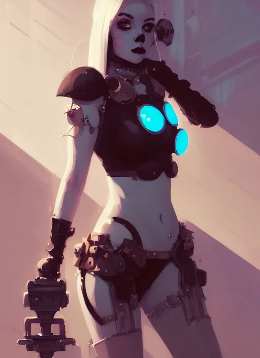 Prompt: portrait of cute goth girl in bikini cyborg armor, warhammer, by atey ghailan, by greg rutkowski, by greg tocchini, by james gilleard, by joe gb fenton, by in kaethe butcher, dynamic lighting, gradient light blue, brown, blonde cream and white color in scheme, grunge aesthetic