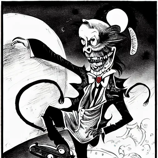 Image similar to black and white trippy comic art of dracula the vampire roller skating on roller skates, drawn by martin rowson, tim burton, studio ghibli, alex pardee, nekro petros afshar, james mcdermott, surrealist, cgsociety 4 k