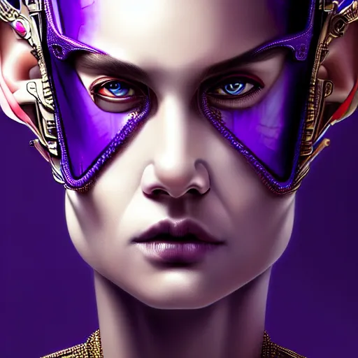 Image similar to woman with extremely large and intricate haircut with angry purple eyes and slim features looking askance, eye cyberpunk bionics, retro futurist style, intricate, elegant gleaming intricate baroque jewelry, angelic halo, highly detailed, digital painting, artstation, concept art, smooth, sharp focus, illustration, art by wlop, mars ravelo and greg rutkowski,