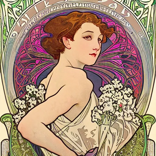 Image similar to beautiful, art nouveau advertisement, in the style of Alphonse Mucha, white short haired cat surrounded by flowers