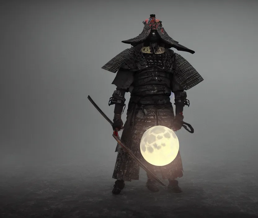 Prompt: 'a samurai! haunted by souls and ghosts with a big full moon on background , gloomy and foggy atmosphere, octane render, artstation trending, highly detailded'