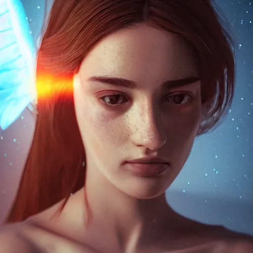 Image similar to portrait art of female angel by alessio albi 8 k ultra realistic, angel wings, lens flare, atmosphere, glow, detailed, intricate, full of colour, cinematic lighting, trending on artstation, 4 k, hyperrealistic, focused, extreme details, unreal engine 5, cinematic, masterpiece