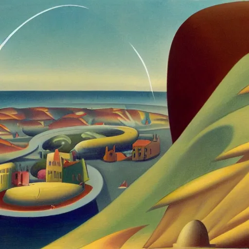 Image similar to painting of mysterious alien saucer hovering over seaside village, 1938, by Thomas Hart Benton