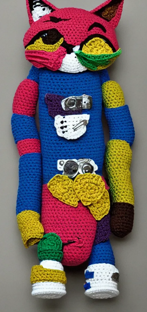 Image similar to multicolored crocheted cyborg cats