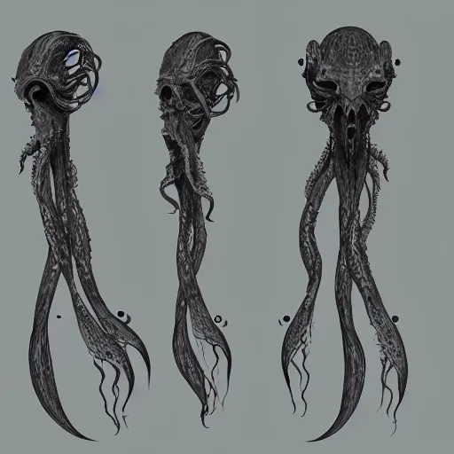 Prompt: concept turnaround page of an elegant humanoid ethereal wraith like being with a body made of plasma sparks, it has a large squid shaped parasite merged onto its skull and four long tentacle arms that flow gracefully at its sides and act as a cloak while it floats around a long forgotten shore, it gets its power from the light of the moon and the fear of its prey and lives for the hunt, it has a very loud screech attack it can release from its vampiric bat like mouth that can incapacitate most living things nearby, this character has cryokinesis and umbrakinesis and is for the franchise Bloodborne with inspiration from the silent hill franchise and the game resident evil village and the witch from left 4 dead
