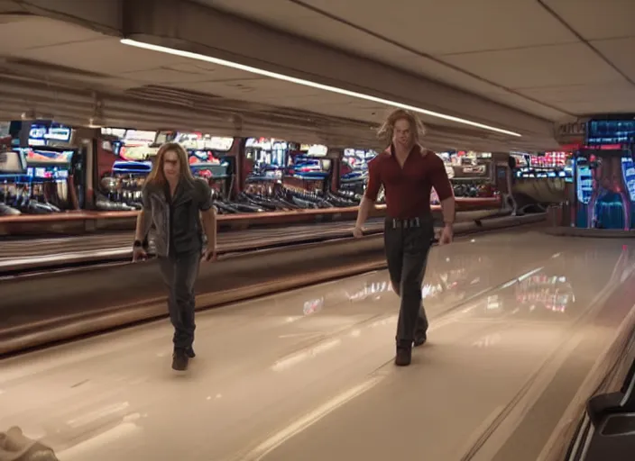 Prompt: film still of Thor working at the shoe counter in a bowling alley in the new Avengers movie, 4k