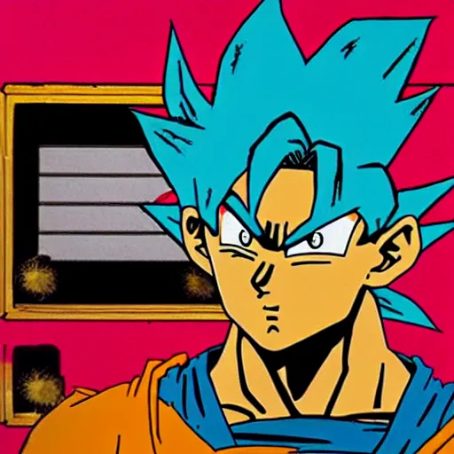 Prompt: goku trying to solve an escape room in the style of andy warhol - n 9