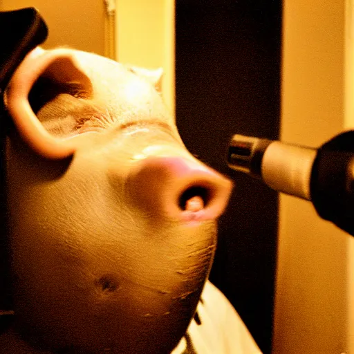 Image similar to creppy 2 0 0 3 photo of a pig masked man screaming in a dark room