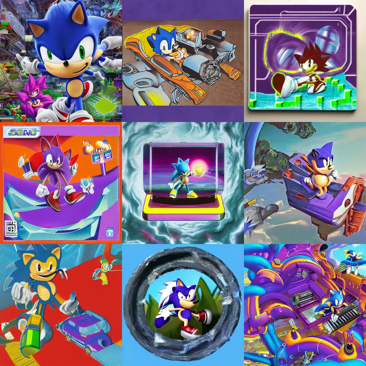 Prompt: dreaming of sonic the hedgehog portrait deconstructivist claymation scifi matte painting landscape of a surreal sonic, jazz cup detailed professional soft pastels high quality airbrush art album cover of a viscous dissolving airbrush art lsd sonic the hedgehog swimming through cyberspace purple teal checkerboard background 1 9 9 0 s 1 9 9 2 sega genesis rareware video game album cover