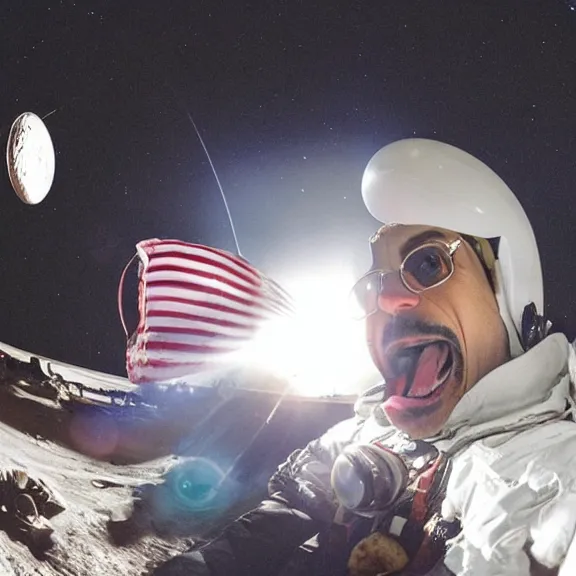 Prompt: robert downey jr eating a hot dog on the moon, dynamic lighting, gopro selfie with a fisheye lense