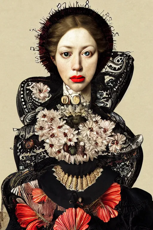 Image similar to Detailed maximalist portrait with large lips and with large eyes. HD mixed media, 3D collage, highly detailed and intricate illustration in the style of Caravaggio, dark art, baroque