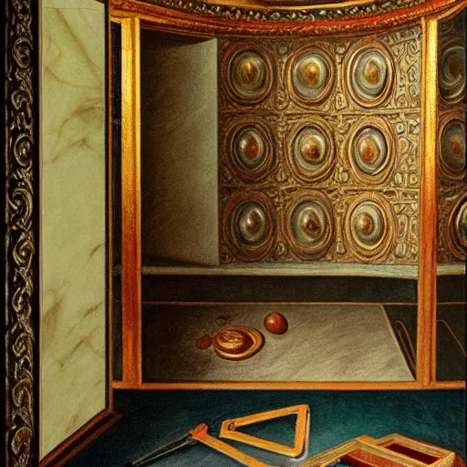 Image similar to still life renaissance pastel painting of a room with a marbled pedestal displaying an ancient holy artifact medallion, chromed and ornate with gentle iridescent shine from within. perspective from the side. realistic light and shadows. moody final fantasy art