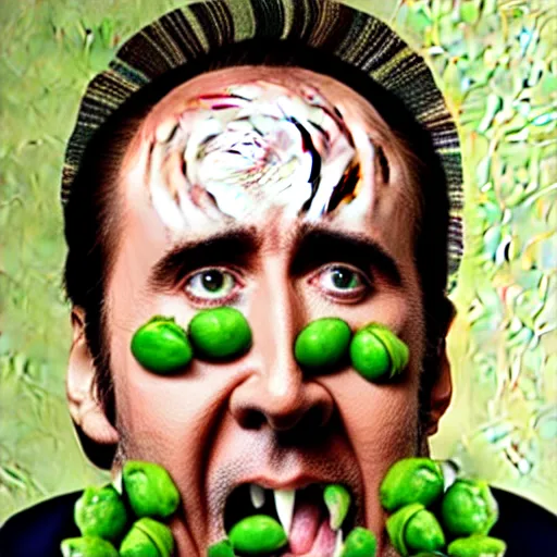 Image similar to nicolas cage with peas on his face, screaming in a wicker basket