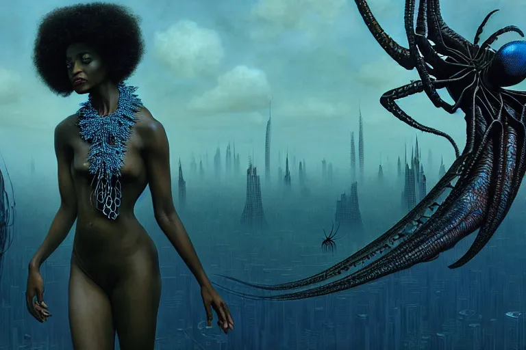 Prompt: realistic detailed photorealistic film portrait shot of a beautiful black woman with a giant spider, sci-fi city landscape background by Denis Villeneuve, Amano, Yves Tanguy, Alphonse Mucha, Ernst Haeckel, Andrei Tarkovsky, Edward Robert Hughes, Roger Dean, necklace, dynamic pose, rich moody colours, wide angle, blue eyes