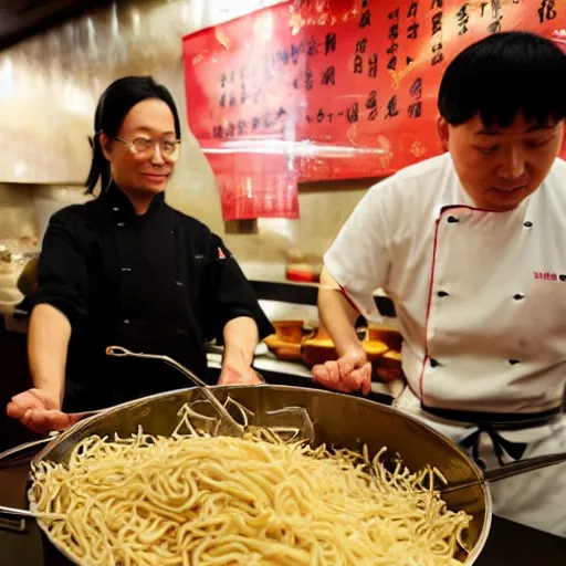 Image similar to Inside a traditional Chinese restaurant, with the chef preparing lots of yakisoba in a giant pot