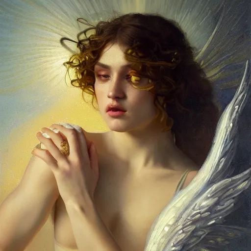 Prompt: highly detailed oil painting | very intricate | cinematic lighting | award - winning | the beautiful angel of the sun wearing a flowing toga | by roberto ferri, by tom bagshaw, by j. c. leyendecker and klimt, beautiful cinematic light, american romanticism, by austin osman spare, artstation, cgsociety, official art, octane