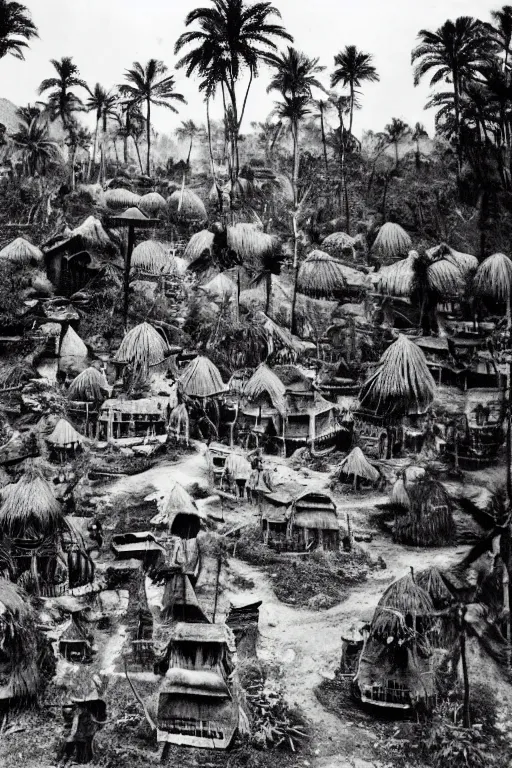 Image similar to alien village, jungle, black and white photography, year 1 9 0 0