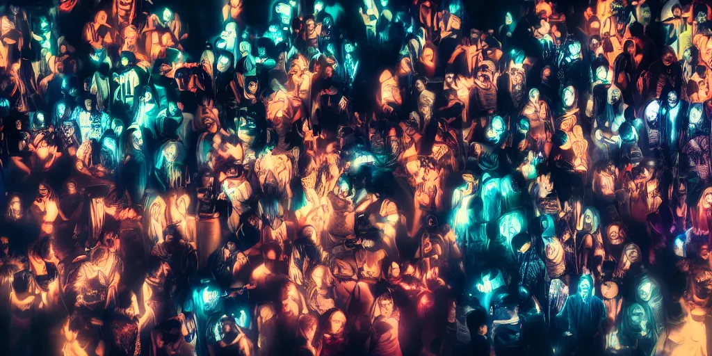 Image similar to love, overlays of groups of people with glowing bodies, from behind, rebirth, wide angle, cinematic atmosphere, elaborate, highly detailed, vivid colors, dramatic lighting