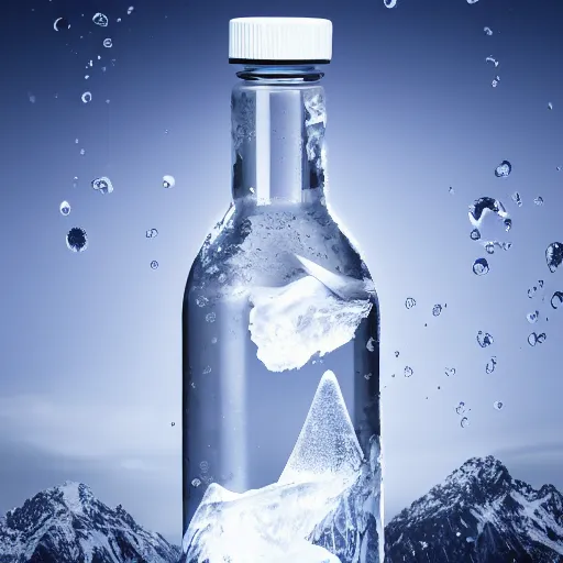 Prompt: an award - winning advertisement photo of a water crystal bottle with a snowy mountain and ice, drammatic lighting, sigma 5 0 mm, ƒ / 8, behance