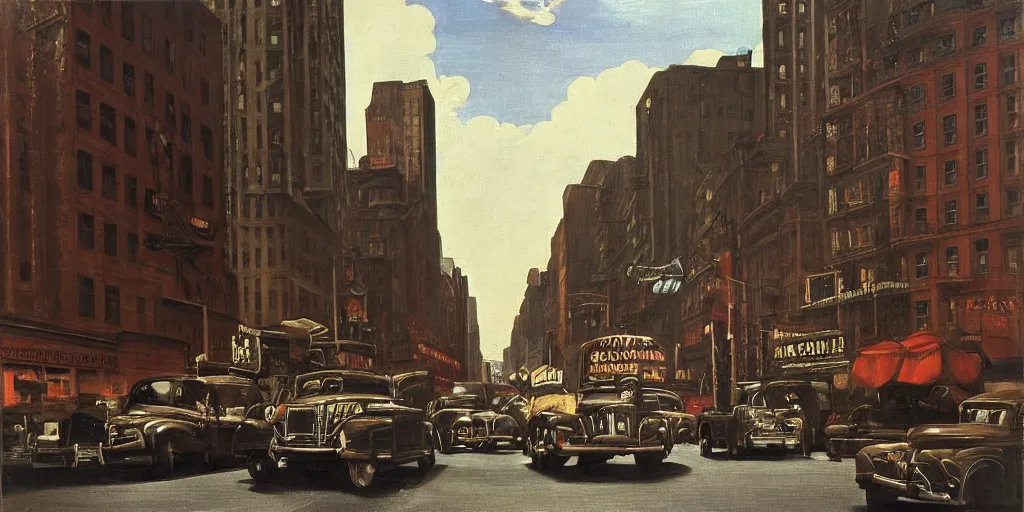 Prompt: a New York City street in 1940 by Caravaggio