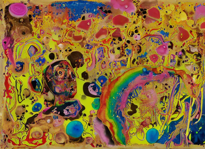 Image similar to expressionistic decollage painting golden armor alien zombie horseman riding on a crystal bone dragon broken rainbow diamond maggot horse in a blossoming meadow full of colorful mushrooms and golden foil toad blobs in a golden sunset, distant forest horizon, painted by Mark Rothko, Helen Frankenthaler, George Condo and Hilma af Klint, graffiti buff, pixel, glitch, semiabstract, color field painting, byzantine art, microsoft paint art, pop art look, naive, outsider art, very coherent symmetrical artwork. Bekinski painting, part by Philip Guston and Adrian Ghenie, art by Edward Robert Hughes, 8k, extreme detail, intricate detail, masterpiece