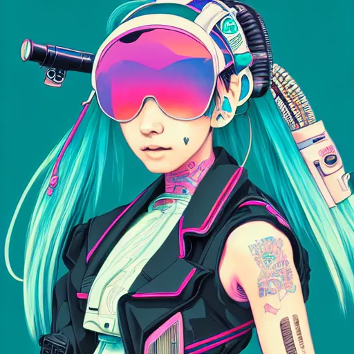 Image similar to high quality high detail 3 / 4 portrait of a hatsune miku as diesel punk character in an futuristic world, techwear, tristan eaton, victo ngai, artgerm, rhads, ross draws, hyperrealism, intricate detailed, alphonse mucha, pastel colors, vintage, artstation