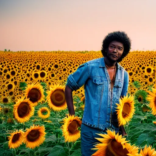Prompt: east african man with curly hair in a studio ghibli film, animation, field of sunflowers, dreamy, roaming, curious, colorful, intricate details