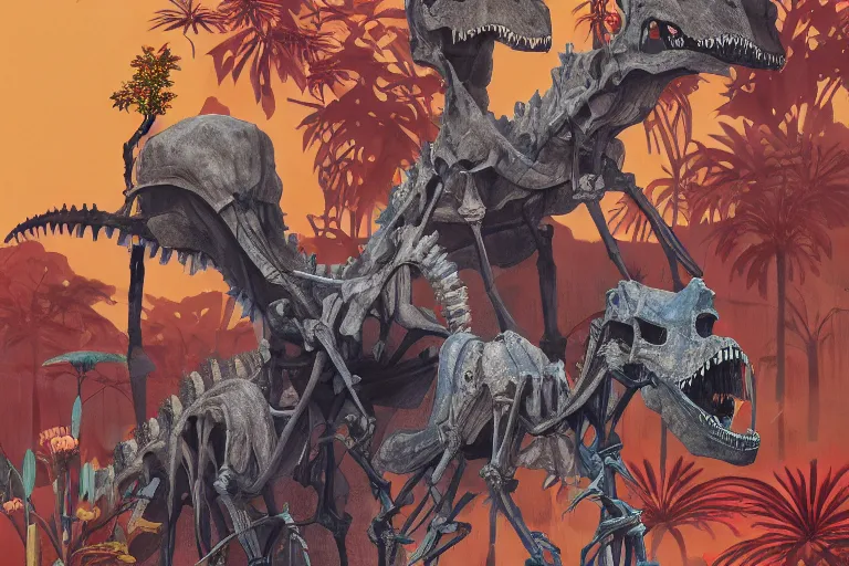 Image similar to 2 d gouache illustration, a lot of exotic vegetation, trees, tremendous skeletal robotic ancient dinosaur, flowers, oldschool vintage sci - fi flat surreal design, super - detailed, painting by satoshi kon, hd, 4 k, high quality