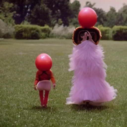 Image similar to Still from an Agnes Varda film about two housewives dressed as inflatable toys running away from their problems, Technicolor 1980