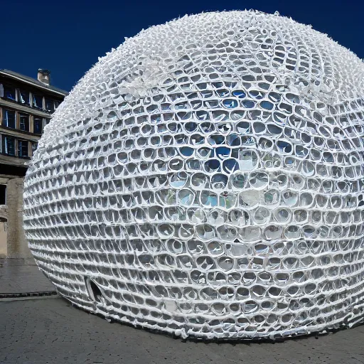 Prompt: there are many white spheres. according to a building formed by prato theorem and bubble cluster, it is designed by joseph platform on the calm water