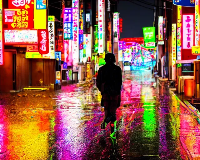 Image similar to some chad bro drunk lost and wandering the colorful neon streets of japan in the rain after a long night at the robot restaurant