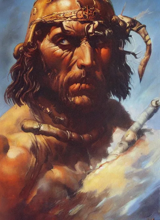 Image similar to portrait of barbarian mars, coherent! by mariusz lewandowski, by frank frazetta, deep color, strong line, high contrast