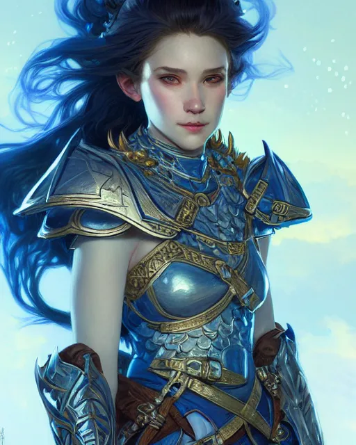 Image similar to Portrait of a Fantasy azure knight, moonlit, HD, illustration, epic, D&D, fantasy, intricate, elegant, highly detailed, digital painting, artstation, concept art, smooth, sharp focus, illustration, art by artgerm and greg rutkowski and alphonse mucha, monster hunter illustrations art book