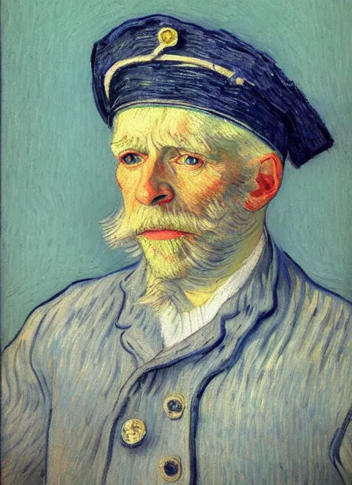 Prompt: portrait of a very old sailor with white hair and captain's hat, asleep, detailed realism face in painting, detailed beautiful portrait, expressionist oil painting masterpiece, 8 k resolution, smooth, sharp focus, pastel color palette, trending on artstation, by van gogh