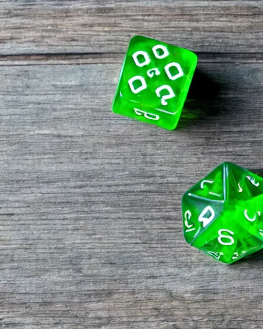 Prompt: a green translucent dice over a wooden desk, touched by a ray of sun dslr photo