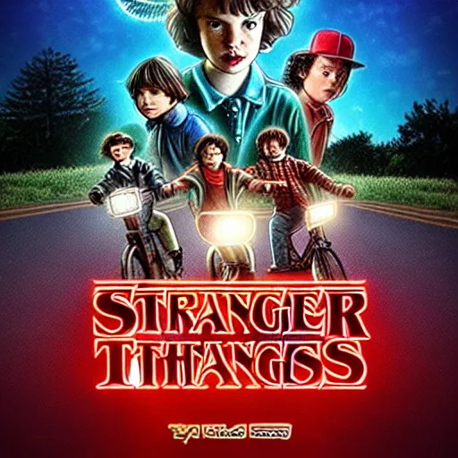 Image similar to stranger things four friends riding their bike encounter a demogorgon